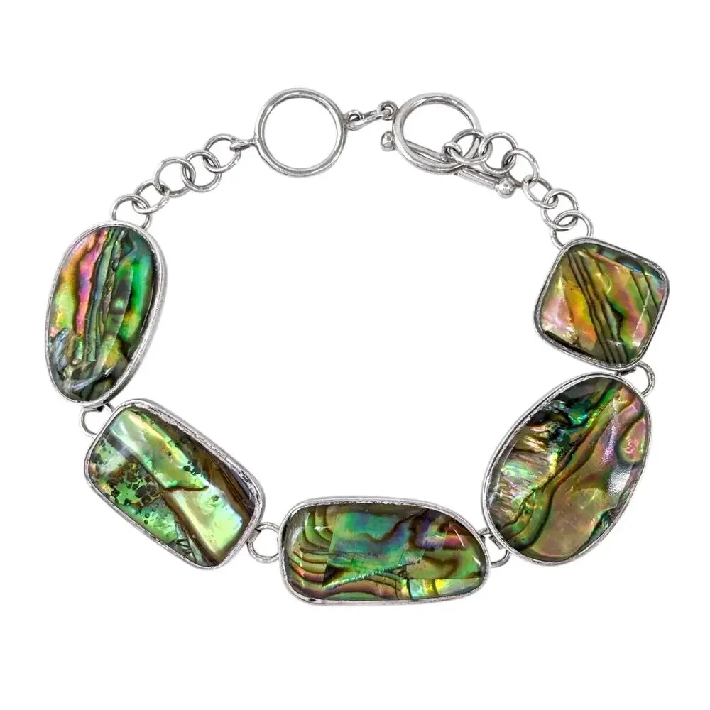Vintage Sterling Silver 925 Abalone Link Bracelet 7”-8”